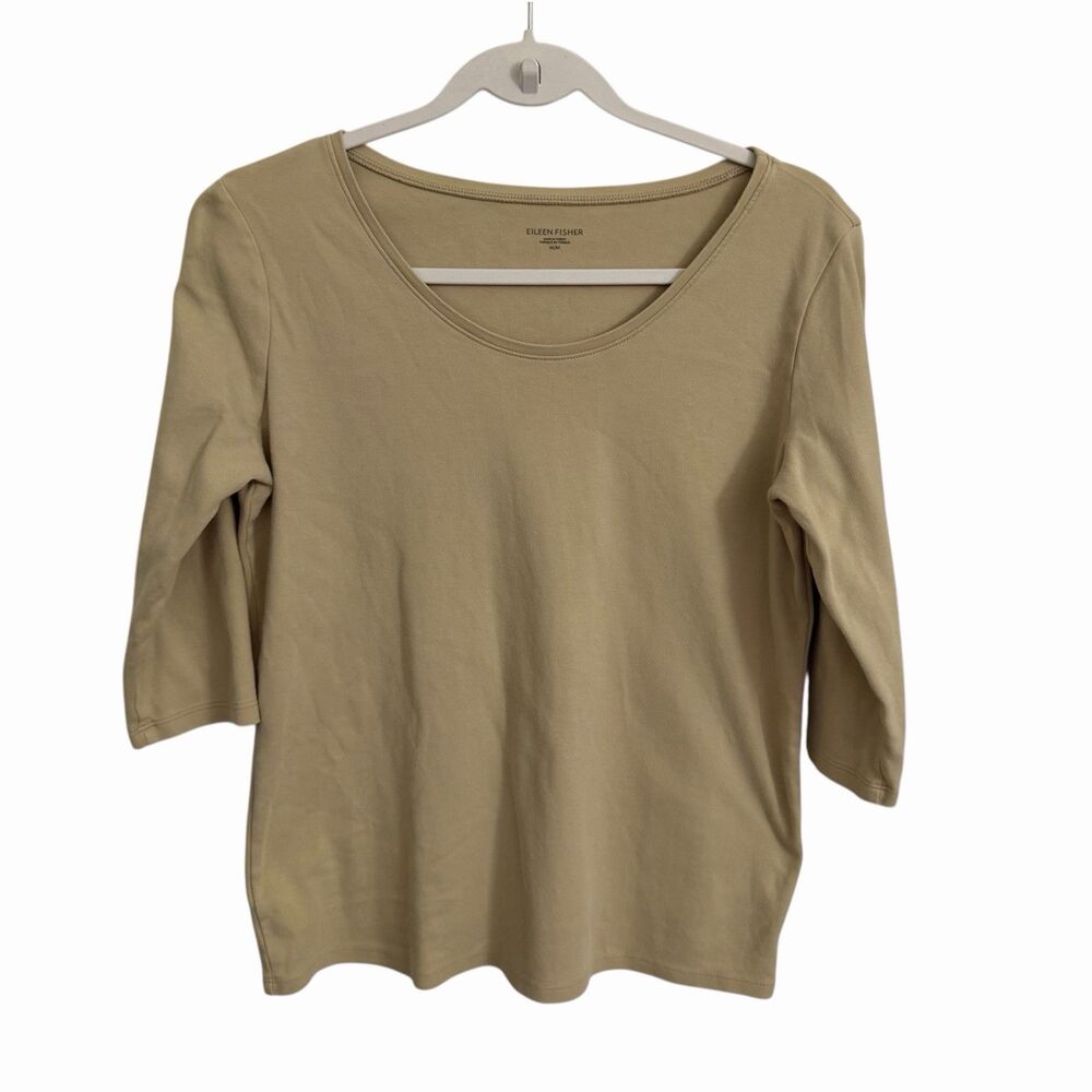 Eileen Fisher Shirt Medium Beige Organic Cotton 3/4‎ Sleeve Top Minimalist Clean